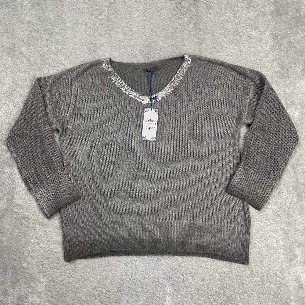 Tempo Paris Sweater Women M/L Gray Waffle Knit Pullover Metallic Neck Made Italy